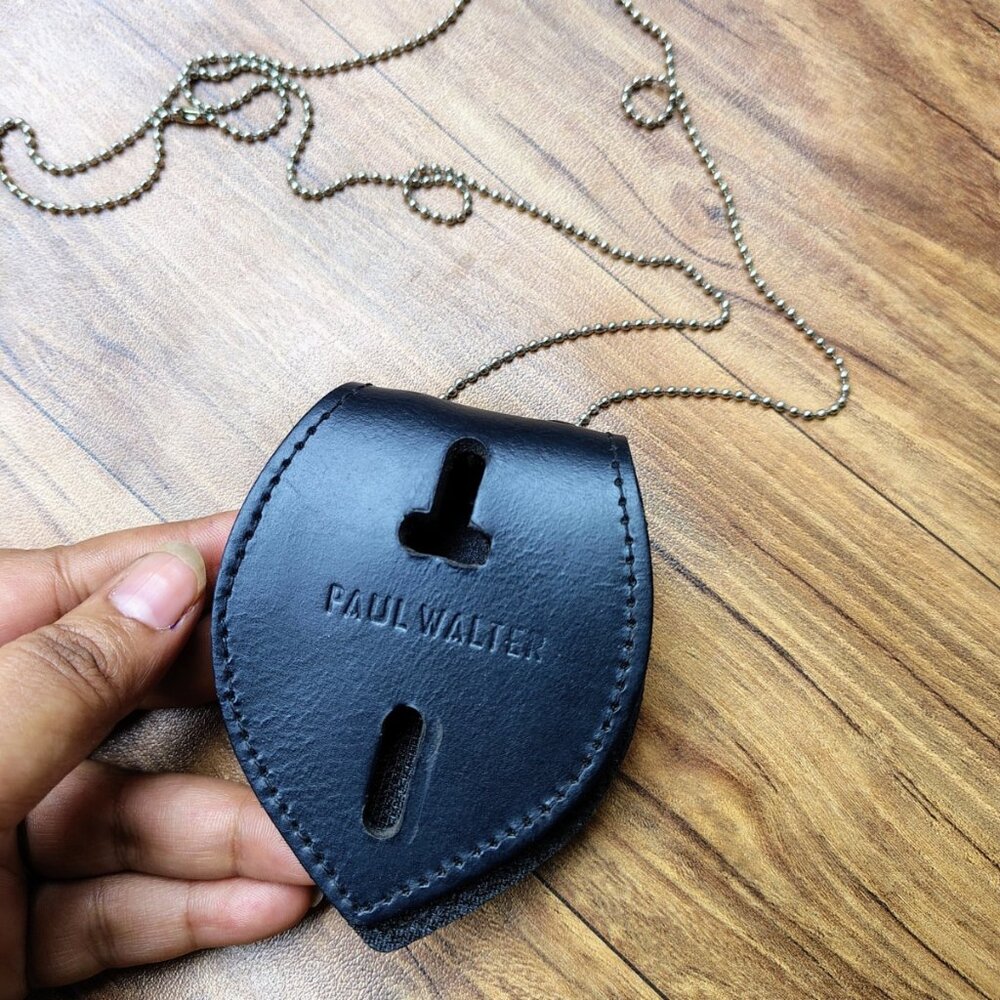 Genuine Leather UNIVERSAL Police Security Badge Holder Belt Clip & Neck Chain